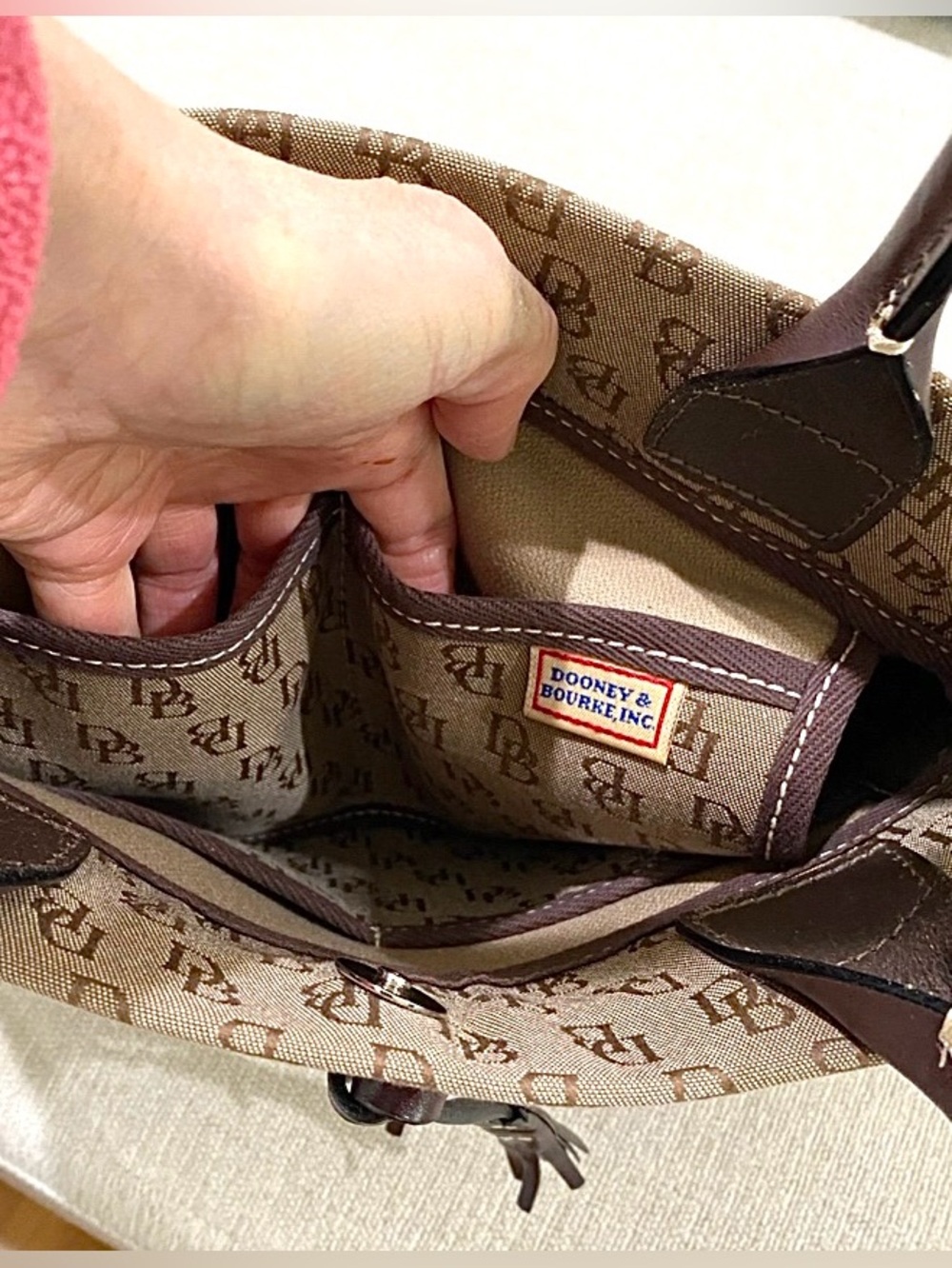 DOONEY &  BOURKE USED 2x Monogram Brown Canvas Mini Tassel Tote  11x8x4 - Picture 7 of 9